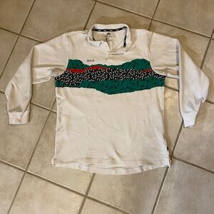 White Long Sleeve Polo with Green and Red Pattern